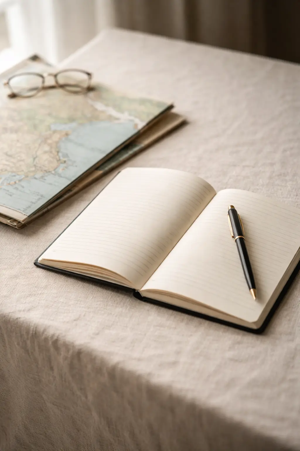 Undivided Journal travel journal hero image of an open notebook and folded map in soft natural light
