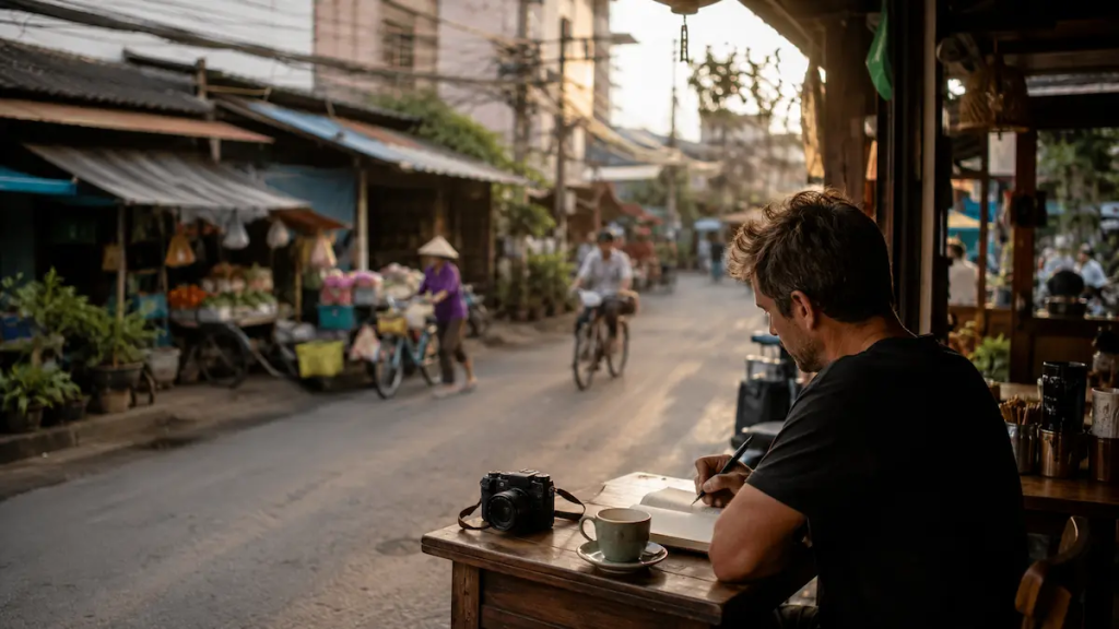 About Undivided Journal featuring a travel writer observing everyday street life while writing in a notebook at a local café in Southeast Asia.