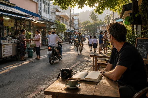 Contact Undivided Journal featuring a travel writer observing everyday street life from a local café in Southeast Asia with a notebook and camera.