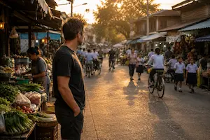 A traveller observing everyday life while forming an authentic understanding of a Southeast Asian community. This illustrates the third qulaity when learning about undivided travel.