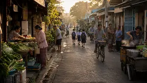 Everyday morning life in a Southeast Asian neighbourhood with local residents following their daily routines. Thr second quality about undivided travel is real people and real places.